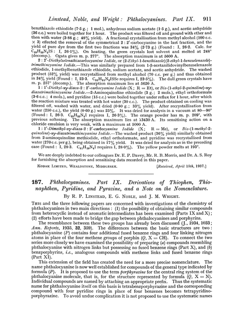 187. Phthalocyanines. Part IX. Derivatives of thiophen, thionaphthen, pyridine, and pyrazine, and a note on the nomenclature
