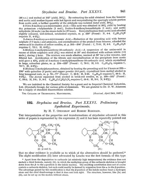 192. Strychnine and brucine. Part XXXVI. Preliminary synthetical experiments