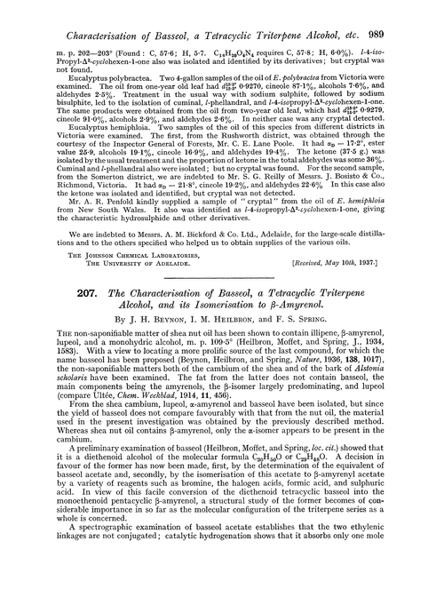 207. The characterisation of basseol, a tetracyclic triterpene alcohol, and its isomerisation to β-amyrenol