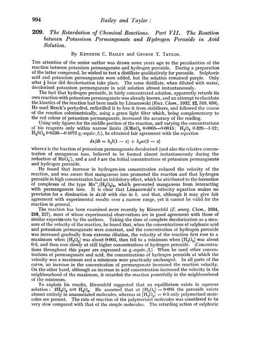 209. The retardation of chemical reactions. Part VII. The reaction between potassium permanganate and hydrogen peroxide in acid solution