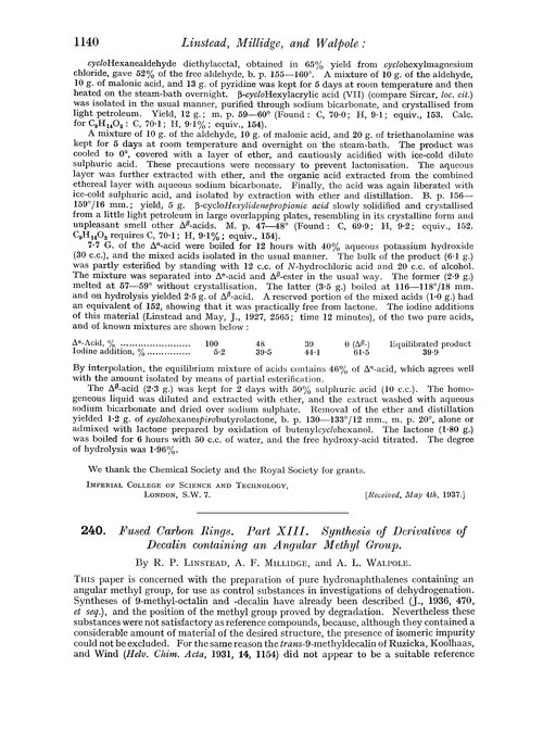 240. Fused carbon rings. Part XIII. Synthesis of derivatives of decalin containing an angular methyl group