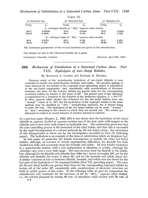 249. Mechanism of substitution at a saturated carbon atom. Part VIII. Hydrolysis of tert.-butyl halides