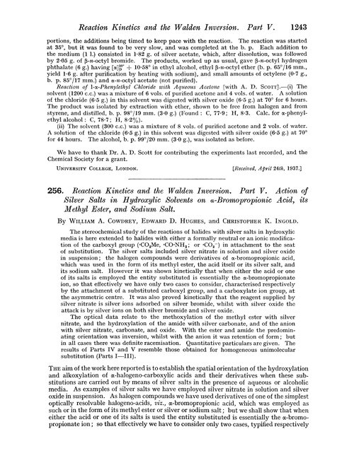256. Reaction kinetics and the Walden inversion. Part V. Action of silver salts in hydroxylic solvents on α-bromopropionic acid, its methyl ester, and sodium salt