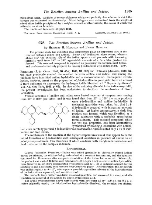 278. The reaction between aniline and iodine