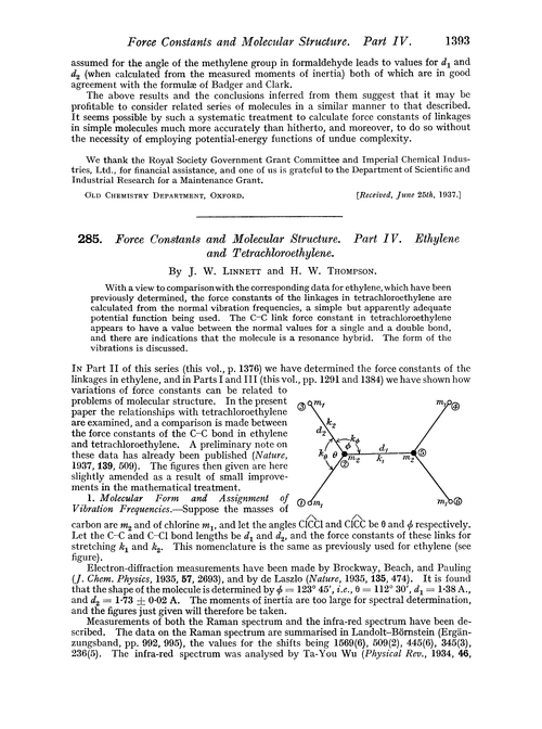 285. Force constants and molecular structure. Part IV. Ethylene and tetrachloroethylene