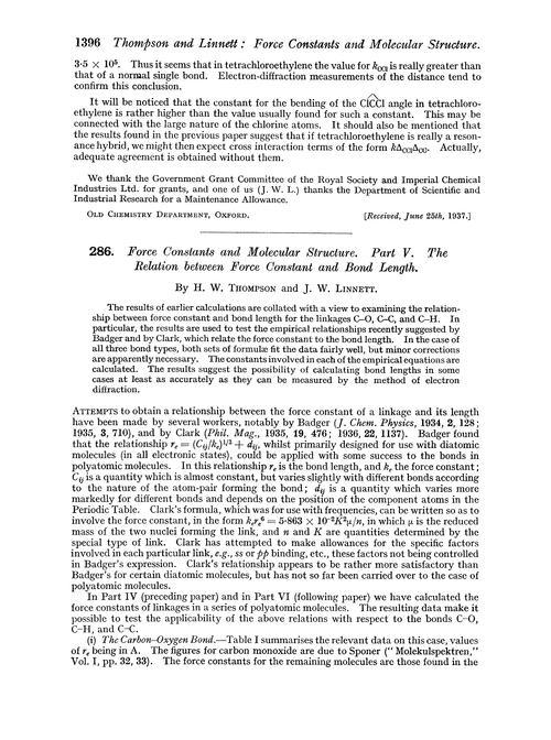 286. Force constants and molecular structure. Part V. The relation between force constant and bond length