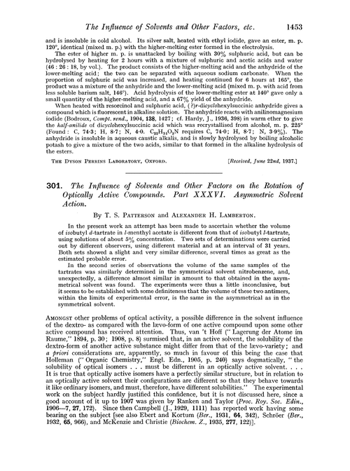 301. The influence of solvents and other factors on the rotation of optically active compounds. Part XXXVI. Asymmetric solvent action