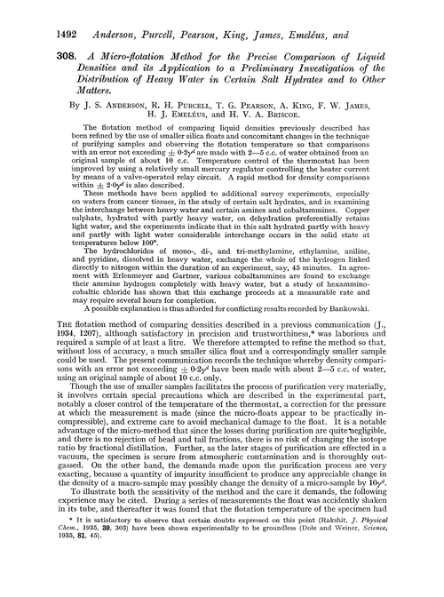 308. A micro-flotation method for the precise comparison of liquid densities and its application to a preliminary investigation of the distribution of heavy water in certain salt hydrates and to other matters