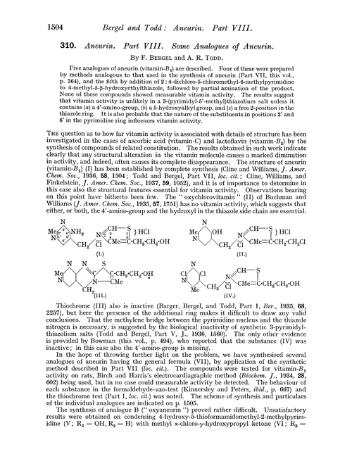 310. Aneurin. Part VIII. Some analogues of aneurin