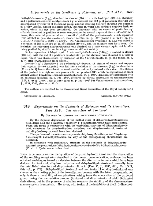 318. Experiments on the synthesis of rotenone and its derivatives. Part XIV. The structure of toxicarol