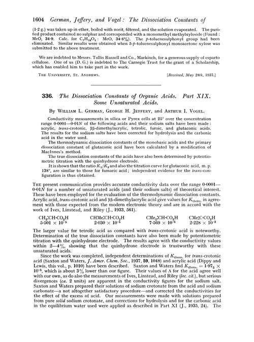 336. The dissociation constants of organic acids. Part XIX. Some unsaturated acids