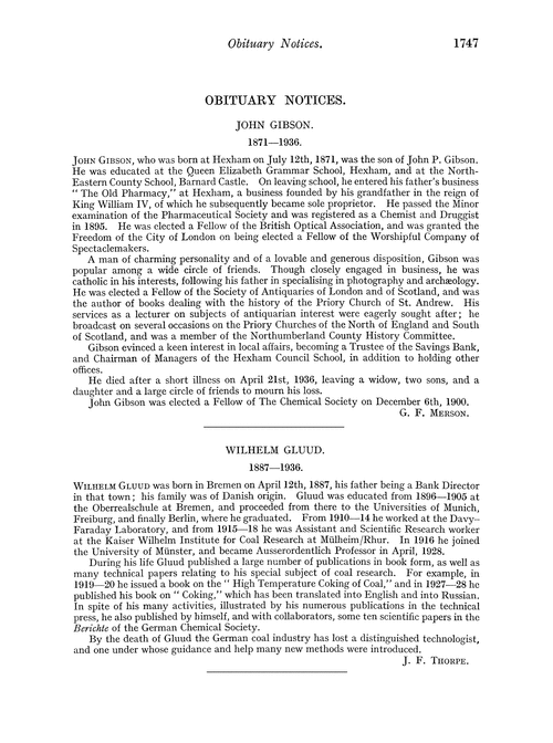 Obituary notices: John Gibson, 1871–1936; Wilhelm Gluud, 1887–1936; Arthur Robert Ling, 1861–1937; Marius Maxwell, 1887–1936; Frederick Valentine Ramsden, 1884–1937; Frank Litherland Teed, 1858–1937; Ludwig Wolf, 1891–1937; Leroy Wiley McCay, 1857–1937