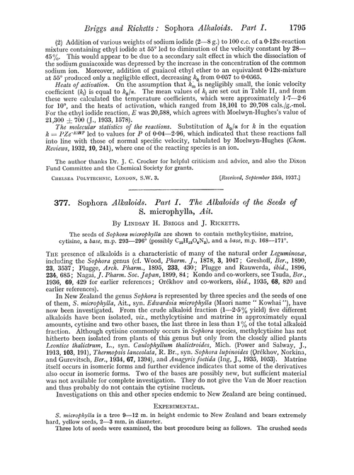 377. Sophora alkaloids. Part I. The alkaloids of the seeds of S. microphylla, ait