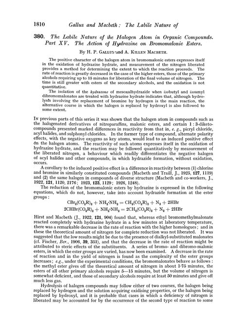 380. The labile nature of the halogen atom in organic compounds. Part XV. The action of hydrazine on bromomalonic esters