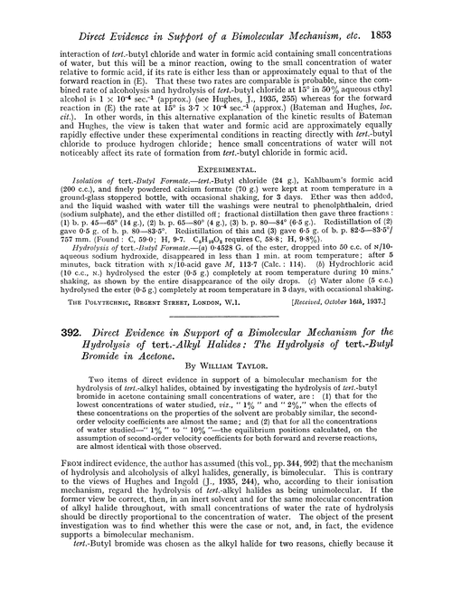 392. Direct evidence in support of a bimolecular mechanism for the hydrolysis of tert.-alkyl halides: the hydrolysis of tert.-butyl bromide in acetone