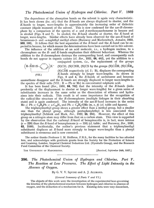 396. The photochemical union of hydrogen and chlorine. Part V. The reaction at low pressures. The effect of light intensity in the absence of oxygen
