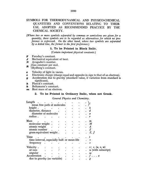 Symbols for thermodynamical and physico-chemical quantities and conventions relating to their use, adopted as recommended practice by the Chemical Society
