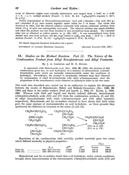 11. Studies on the Michael reaction. Part II. The nature of the condensation product from ethyl benzylmalonate and ethyl fumarate