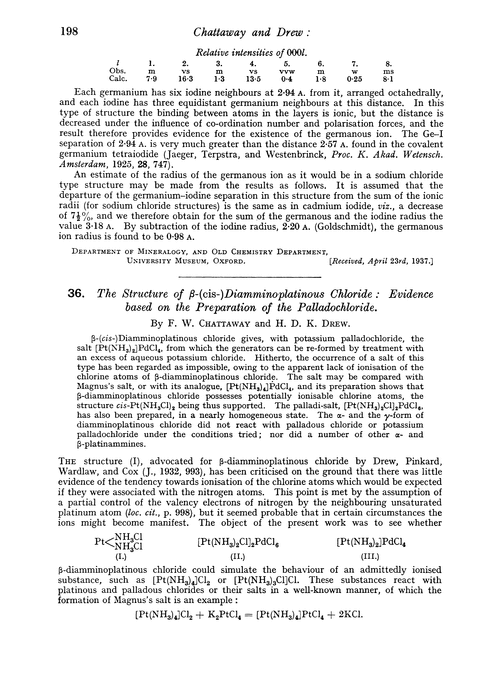 36. The structure of β-(cis-)diamminoplatinous chloride : evidence based on the preparation of the palladochloride