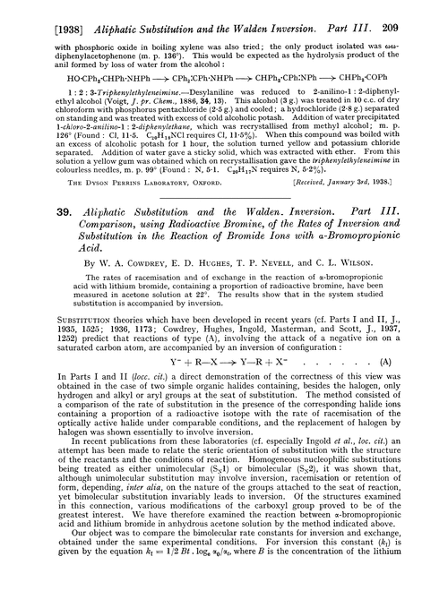 39. Aliphatic substitution and the Walden inversion. Part III. Comparison, using radioactive bromine, of the rates of inversion and substitution in the reaction of bromide ions with α-bromopropionic acid