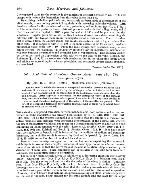 52. Acid salts of monobasic organic acids. Part IV. The salting-out effect