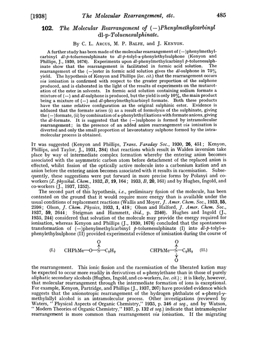 102. The molecular rearrangement of (–)phenylmethylcarbinyl dl-p-toluenesulphinate