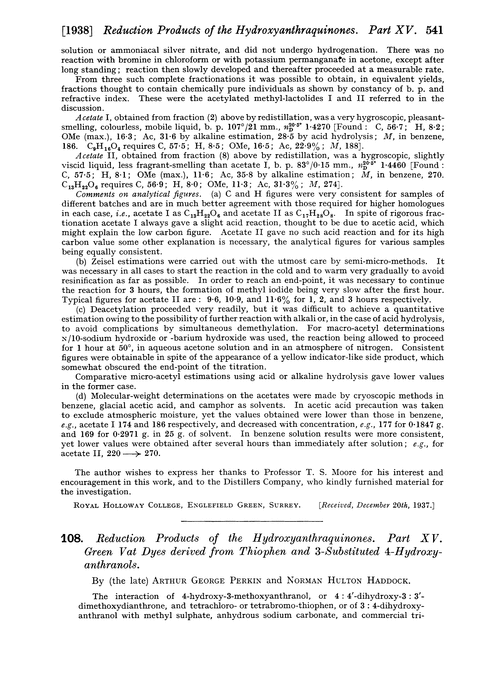 108. Reduction products of the hydroxyanthraquinones. Part XV. Green vat dyes derived from thiophen and 3-substituted 4-hydroxyanthranols