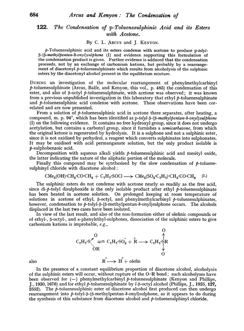 122. The condensation of p-toluenesulphinic acid and its esters with acetone