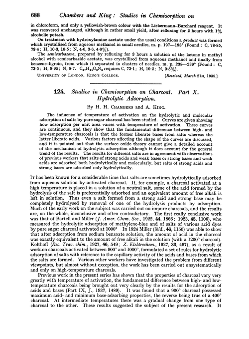 124. Studies in chemisorption on charcoal. Part X. Hydrolytic adsorption