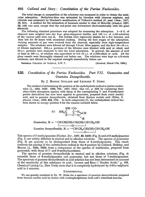 125. Constitution of the purine nucleosides. Part VII. Guanosine and guanine deoxyriboside