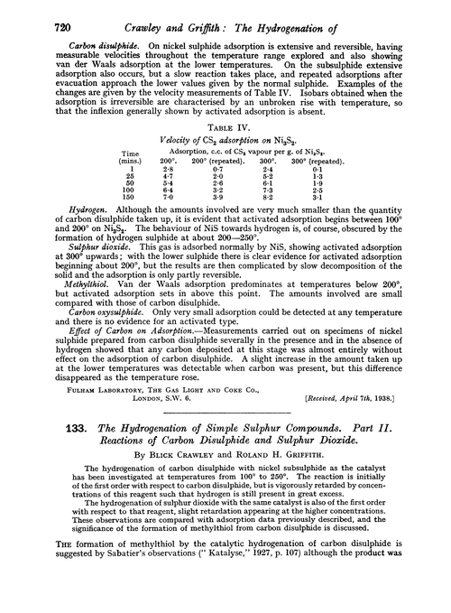 133. The hydrogenation of simple sulphur compounds. Part II. Reactions of carbon disulphide and sulphur dioxide
