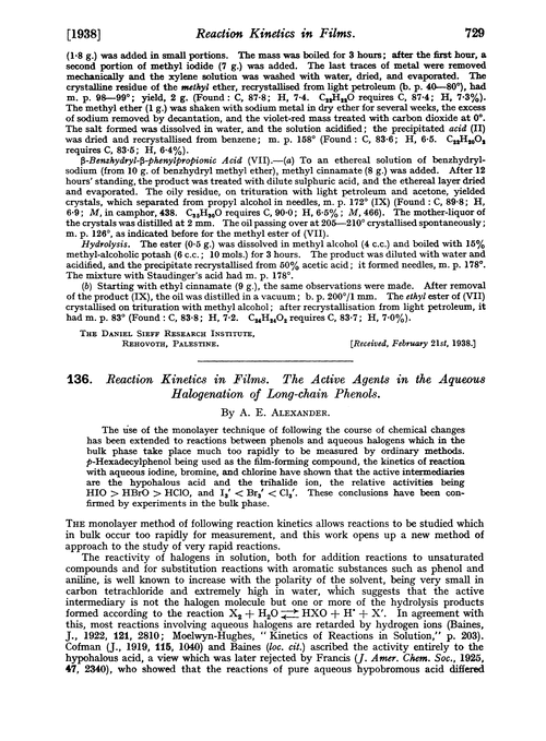 136. Reaction kinetics in films. The active agents in the aqueous halogenation of long-chain phenols