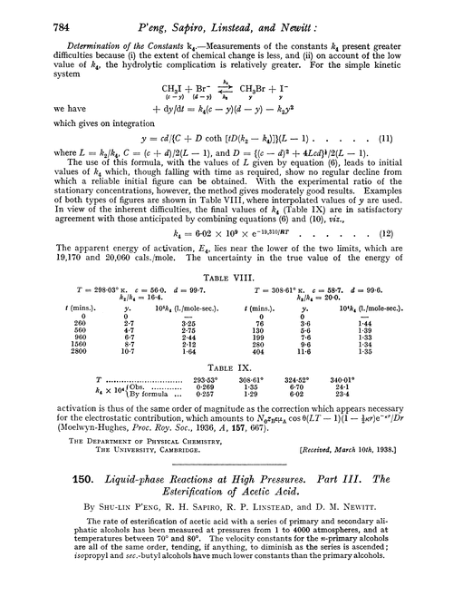 150. Liquid-phase reactions at high pressures. Part III. The esterification of acetic acid