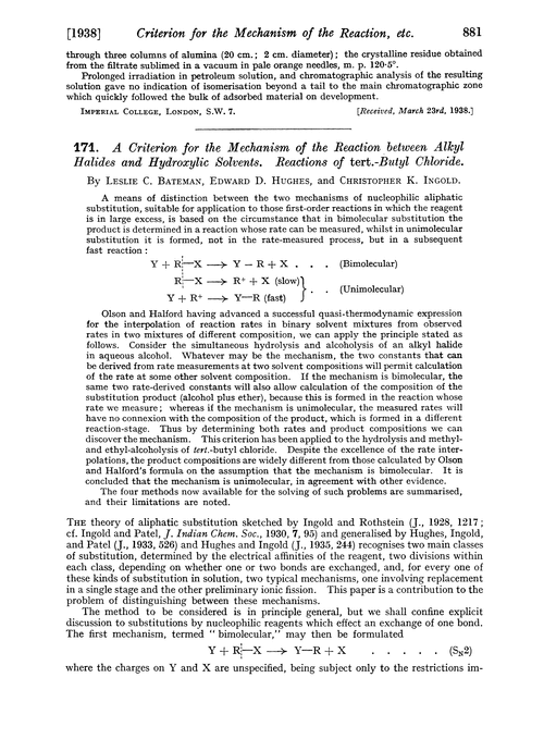 171. A criterion for the mechanism of the reaction between alkyl halides and hydroxylic solvents. Reactions of tert.-butyl chloride