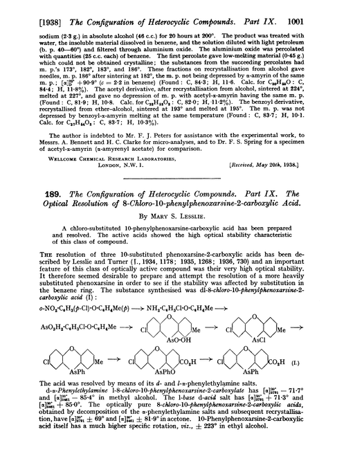 189. The configuration of heterocyclic compounds. Part IX. The optical resolution of 8-chloro-10-phenylphenoxarsine-2-carboxylic acid