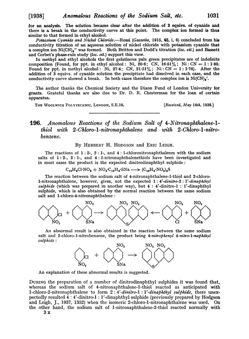 196. Anomalous reactions of the sodium salt of 4-nitronaphthalene-1-thiol with 2-chloro-1-nitronaphthalene and with 2-chloro-1-nitrobenzene