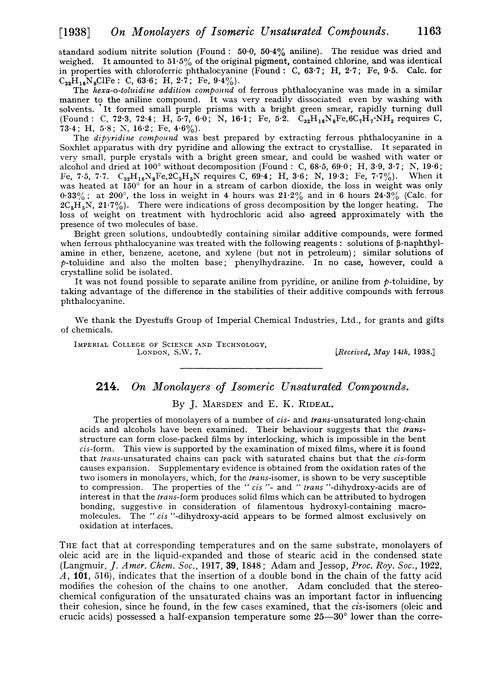 214. On monolayers of isomeric unsaturated compounds