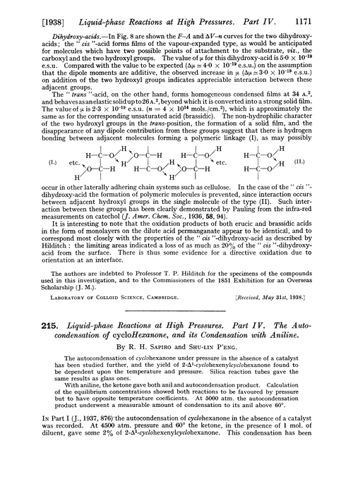 215. Liquid-phase reactions at high pressures. Part IV. The autocondensation of cyclohexanone, and its condensation with aniline