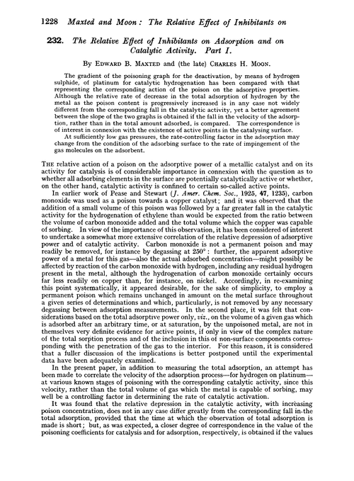 232. The relative effect of inhibitants on adsorption and on catalytic activity. Part I