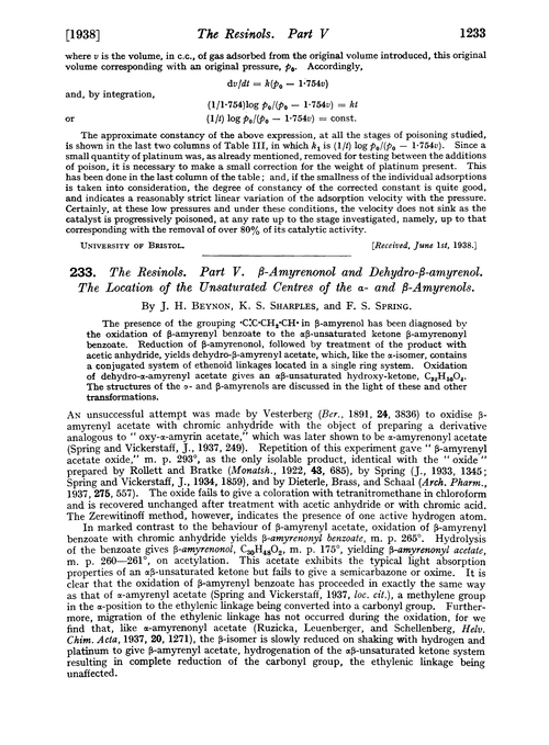 233. The resinols. Part V. β-Amyrenonol and dehydro-β-amyrenol. The location of the unsaturated centres of the α- and β-amyrenols