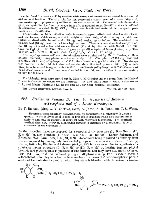 258. Studies on vitamin E. Part V. Synthesis of racemic α-tocopherol and of a lower homologue