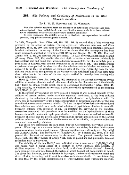 268. The valency and covalency of ruthenium in the blue chloride solution