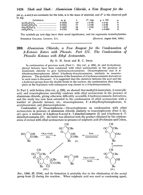 269. Aluminium chloride, a new reagent for the condensation of β-ketonic esters with phenols. Part III. The condensation of phenolic ketones with ethyl acetoacetate