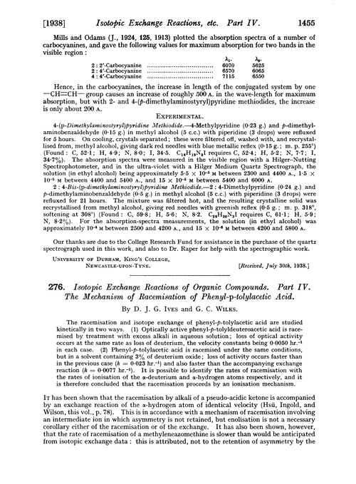 276. Isotopic exchange reactions of organic compounds. Part IV. The mechanism of racemisation of phenyl-p-tolylacetic acid