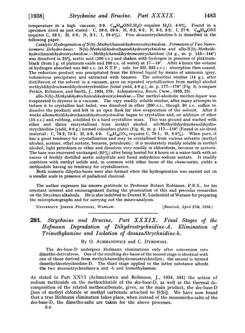 281. Strychnine and brucine. Part XXXIX. Final stages of the Hofmann degradation of dihydrostrychnidine-A. Elimination of trimethylamine and isolation of desazastrychnidine-b
