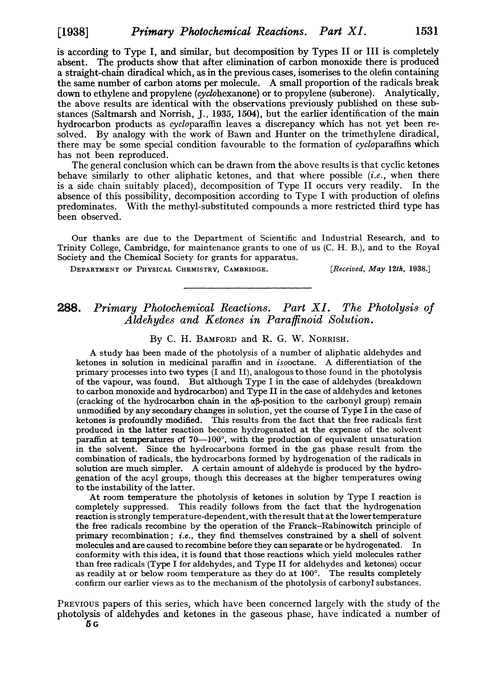 288. Primary photochemical reactions. Part XI. The photolysis of aldehydes and ketones in paraffinoid solution
