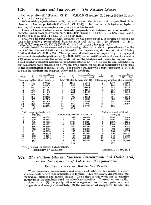 309. The reaction between potassium permanganate and oxalic acid, and the decomposition of potassium manganioxalate