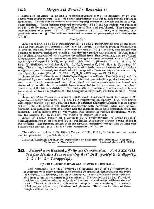 313. Researches on residual affinity and co-ordination. Part XXXVIII. Complex metallic salts containing 6 : 6′-di-2′-pyridyl-2 : 2′-dipyridyl (2 : 2′ : 2″ : 2‴-tetrapyridyl)