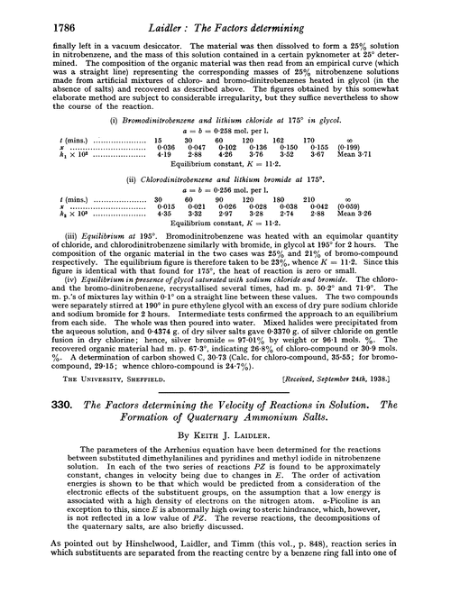 330. The factors determining the velocity of reactions in solution. The formation of quaternary ammonium salts