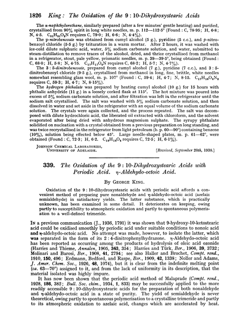 339. The oxidation of the 9 : 10-dihydroxystearic acids with periodic acid. η-Aldehydo-octoic acid